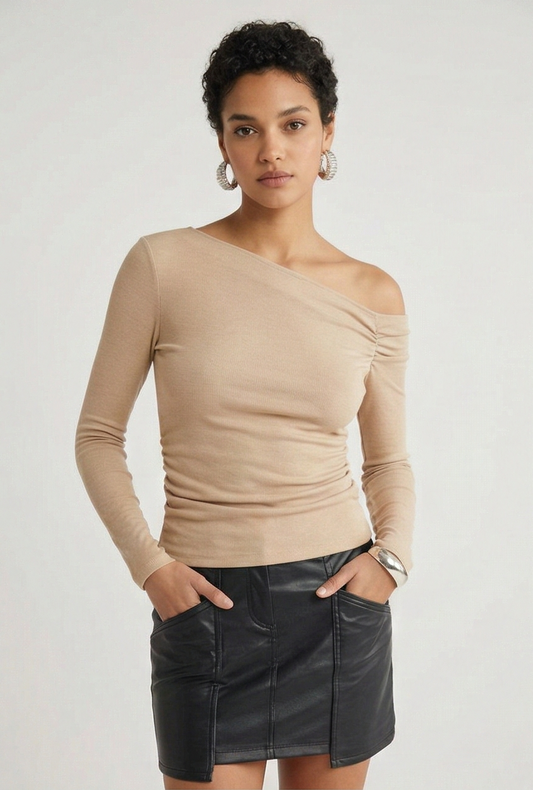 Buzzy Kumaş Tek Omuz Asimetrik Bluz