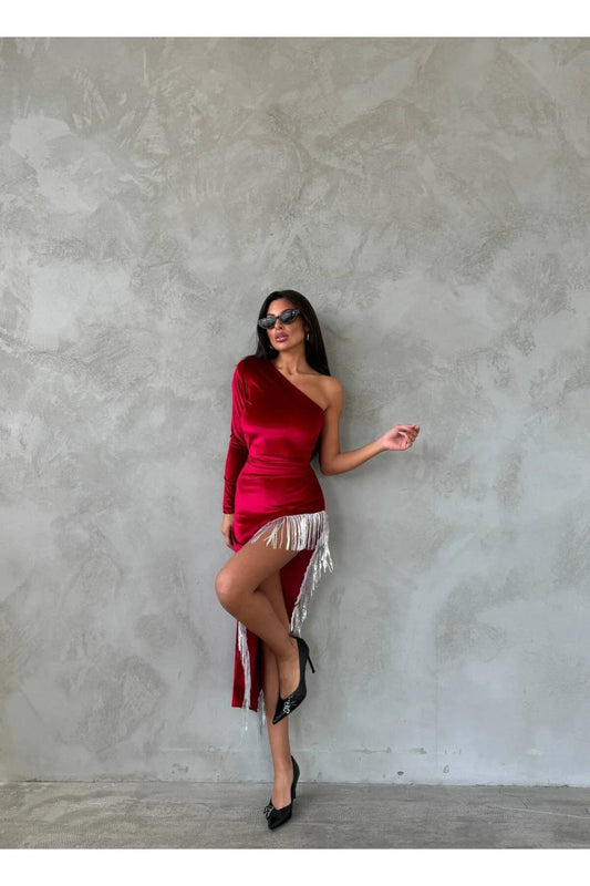 Fransız Kadife Kumaş Saçaklı Yırtmaçlı Tek Omuz Maxi Boy Elbise