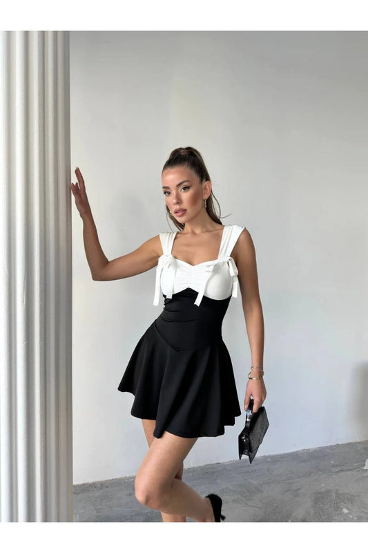 Kalın Askılı Fiyonk Detaylı Mini Esnek Dalgıç Kumaş Elbise