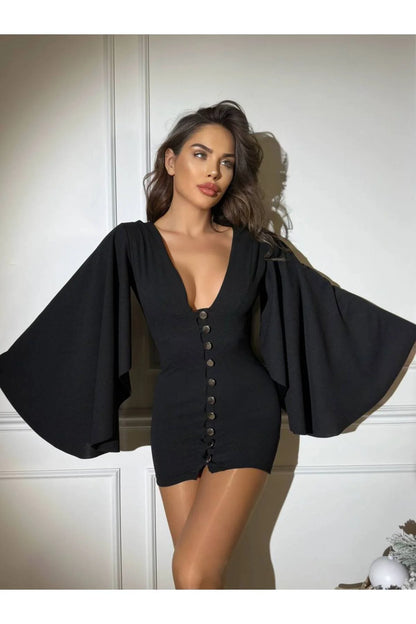 Yarasa Kol Düğme Detaylı Mini Elbise