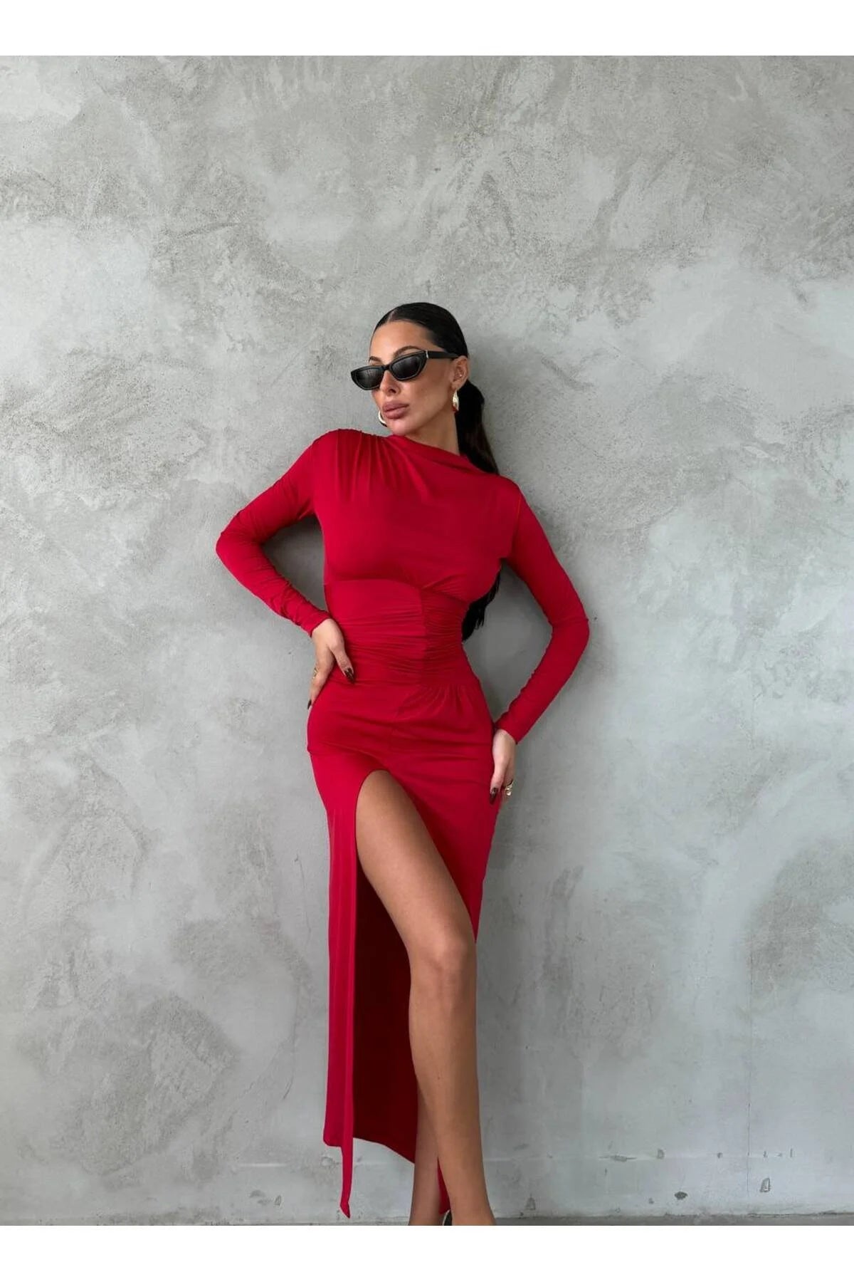 Yırtmaçlı Likralı Büzgü Detaylı Maxi Elbise