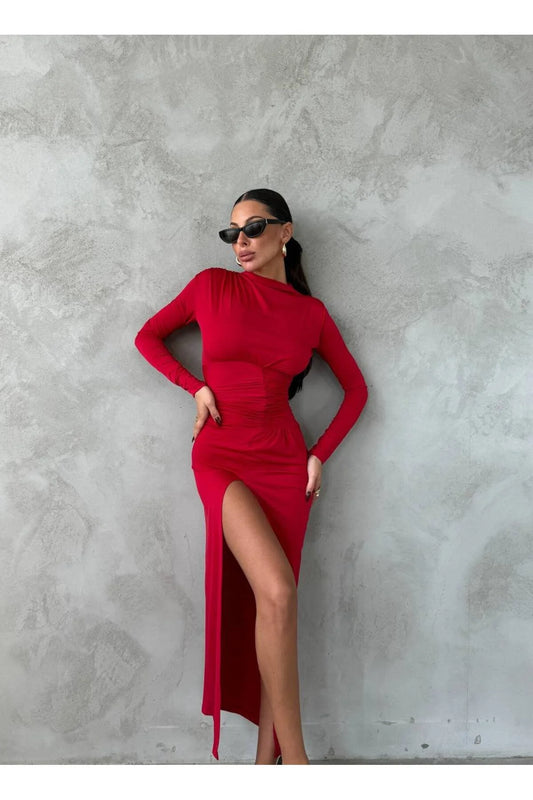 Yırtmaçlı Likralı Büzgü Detaylı Maxi Elbise