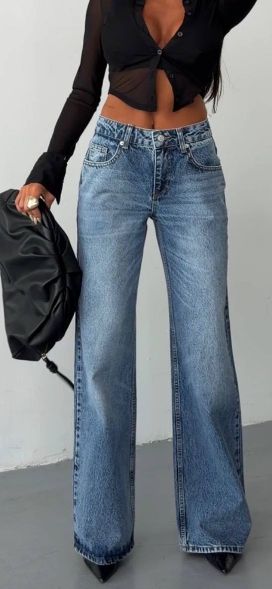 Yüksek Bel Geniş Paça Mavi Wide Leg Jean Pantolon