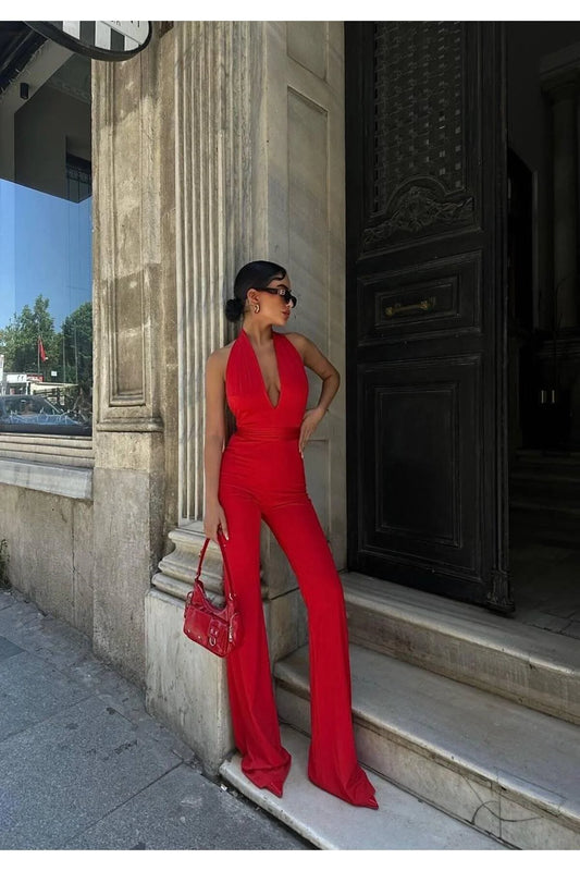 Halter Yaka Dalgıç Kumaş Yüksek Bel Toparlayıcı İspanyol Paça Tulum