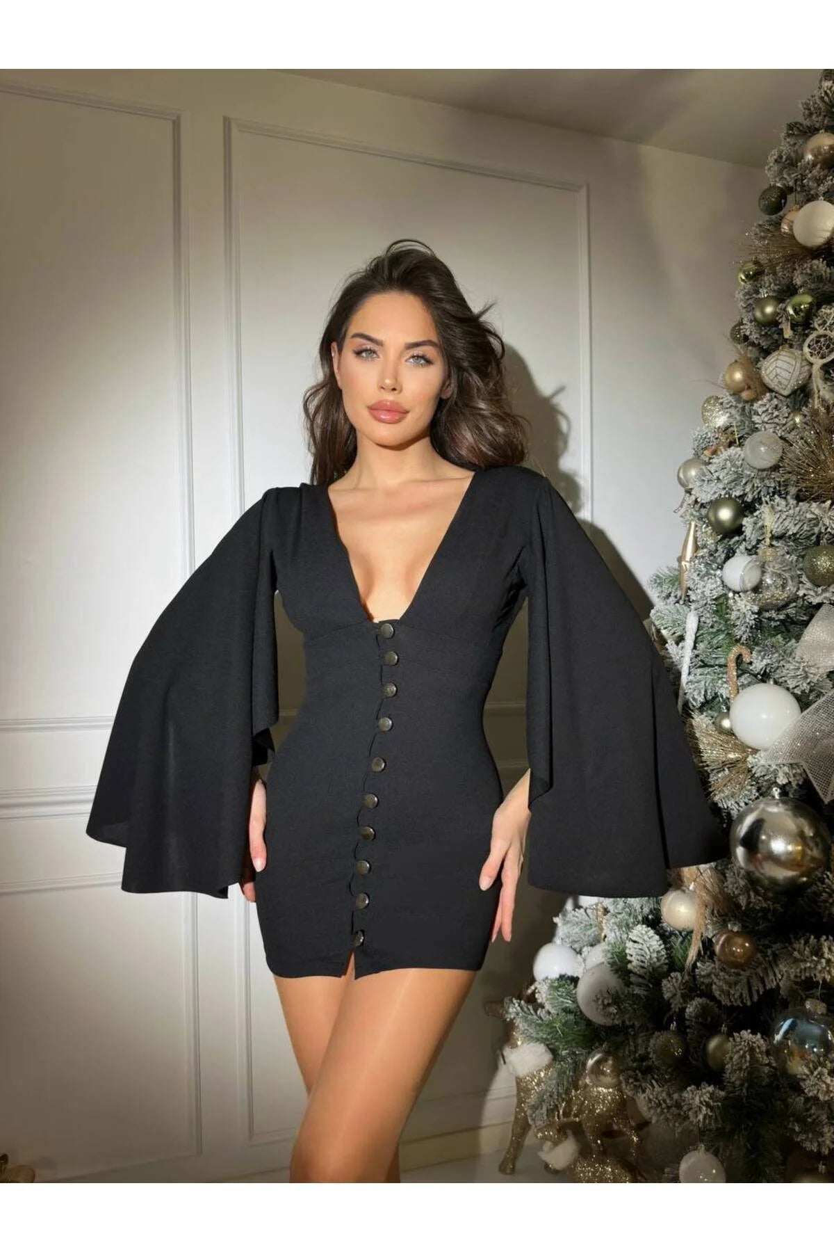 Yarasa Kol Düğme Detaylı Mini Elbise