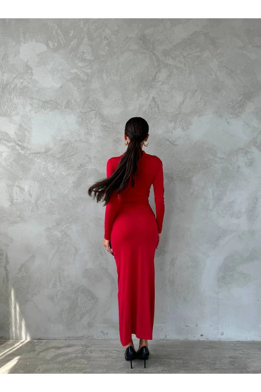 Yırtmaçlı Likralı Büzgü Detaylı Maxi Elbise