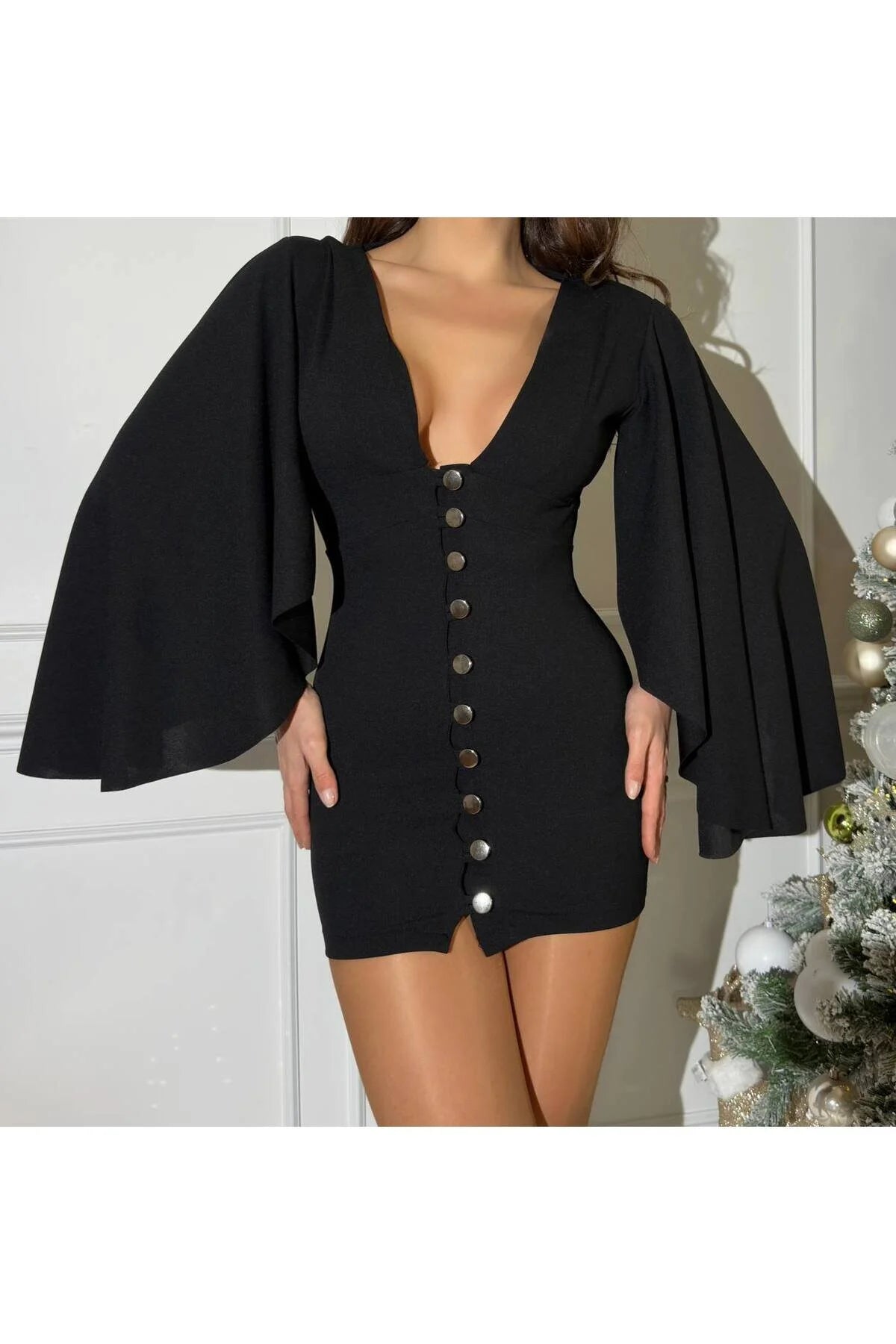 Yarasa Kol Düğme Detaylı Mini Elbise