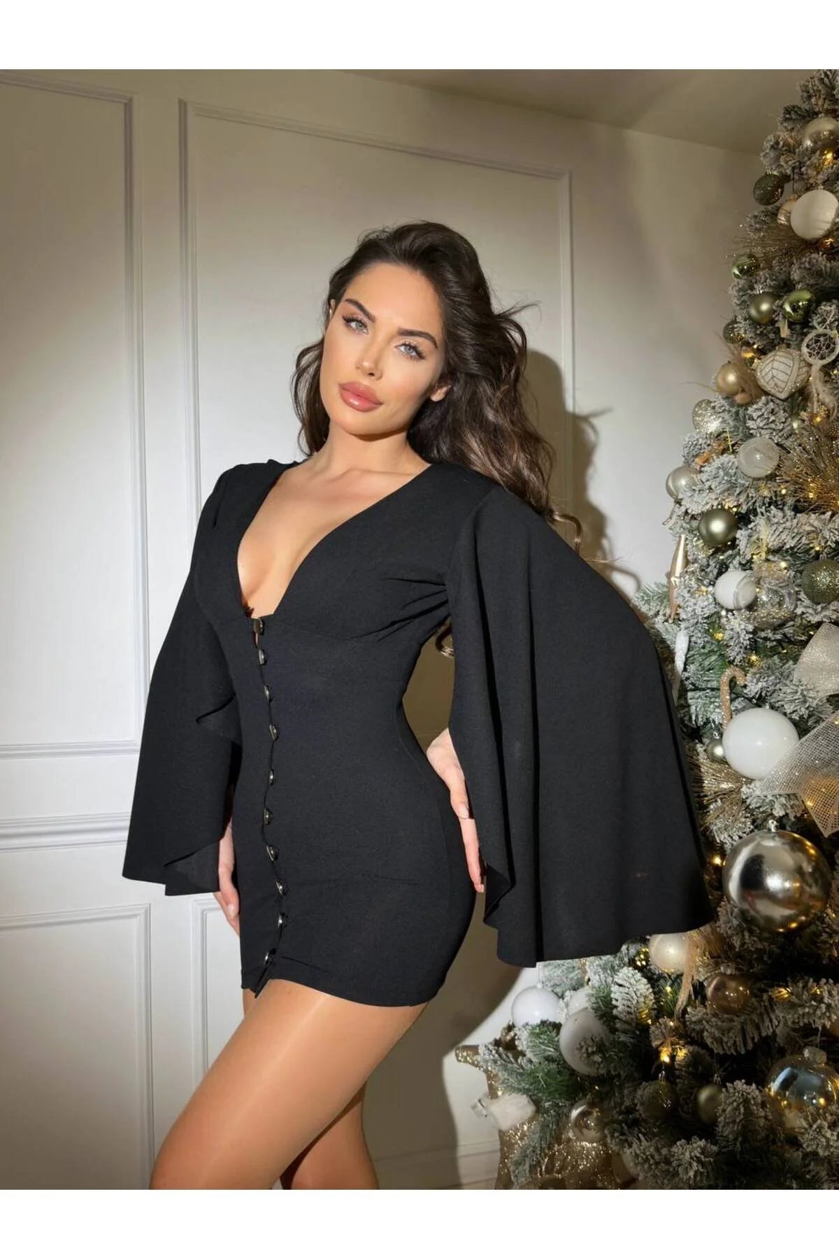 Yarasa Kol Düğme Detaylı Mini Elbise