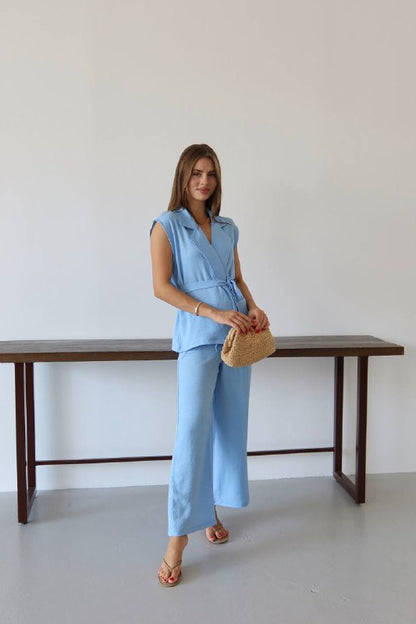 Keten Kuşaklı Blazer Yelek ve Yüksek Bel Bol Paça Pantolon Takım