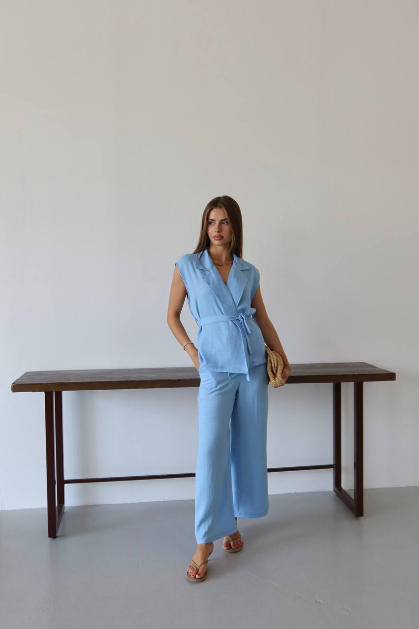 Keten Kuşaklı Blazer Yelek ve Yüksek Bel Bol Paça Pantolon Takım