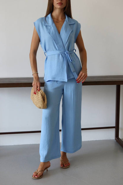 Keten Kuşaklı Blazer Yelek ve Yüksek Bel Bol Paça Pantolon Takım