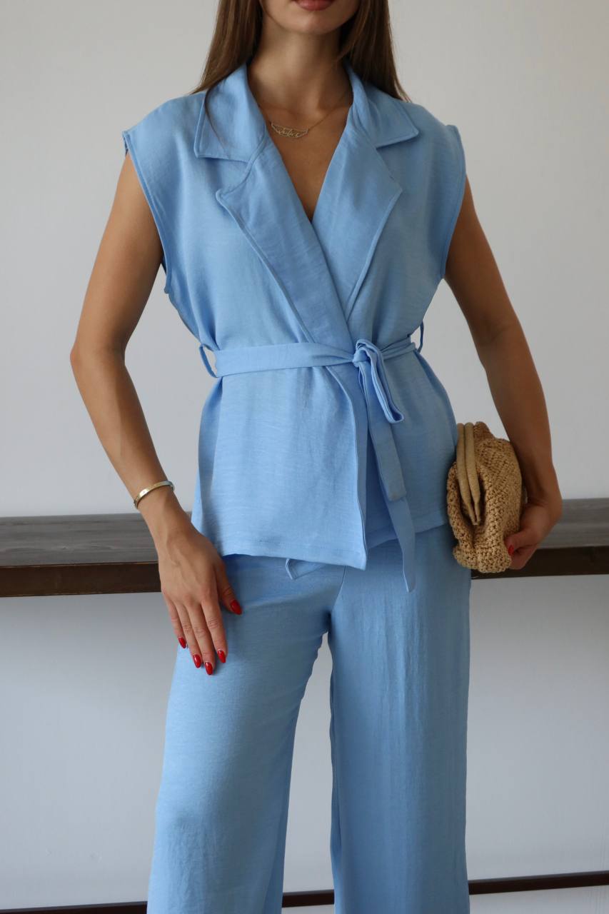 Keten Kuşaklı Blazer Yelek ve Yüksek Bel Bol Paça Pantolon Takım