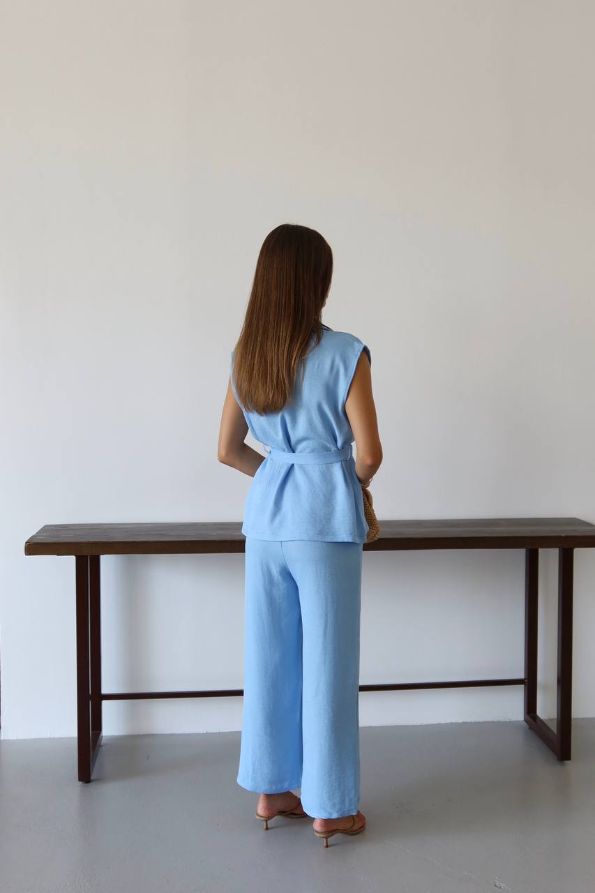 Keten Kuşaklı Blazer Yelek ve Yüksek Bel Bol Paça Pantolon Takım