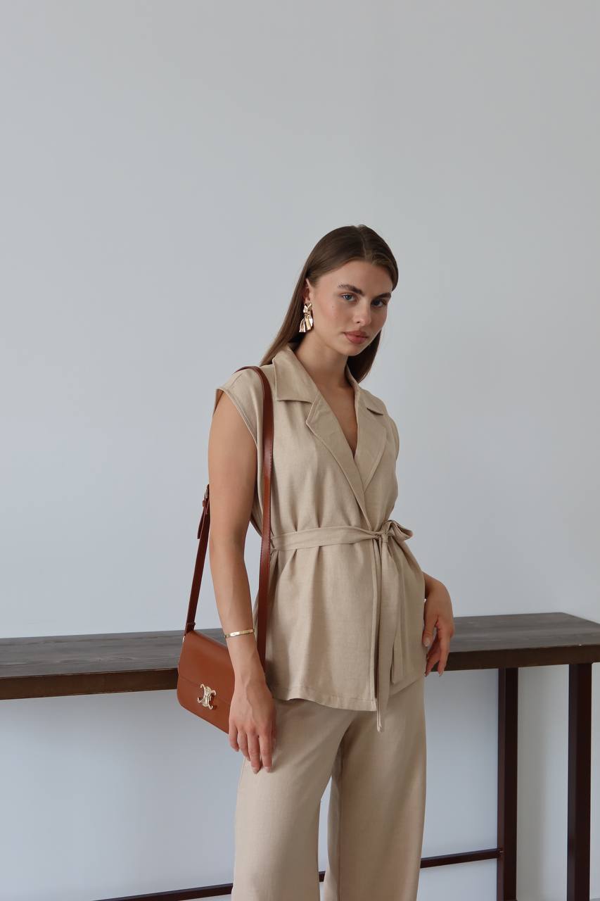 Keten Kuşaklı Blazer Yelek ve Yüksek Bel Bol Paça Pantolon Takım