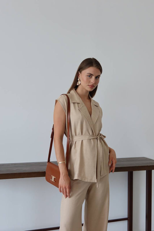 Keten Kuşaklı Blazer Yelek ve Yüksek Bel Bol Paça Pantolon Takım