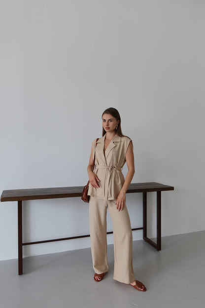 Keten Kuşaklı Blazer Yelek ve Yüksek Bel Bol Paça Pantolon Takım