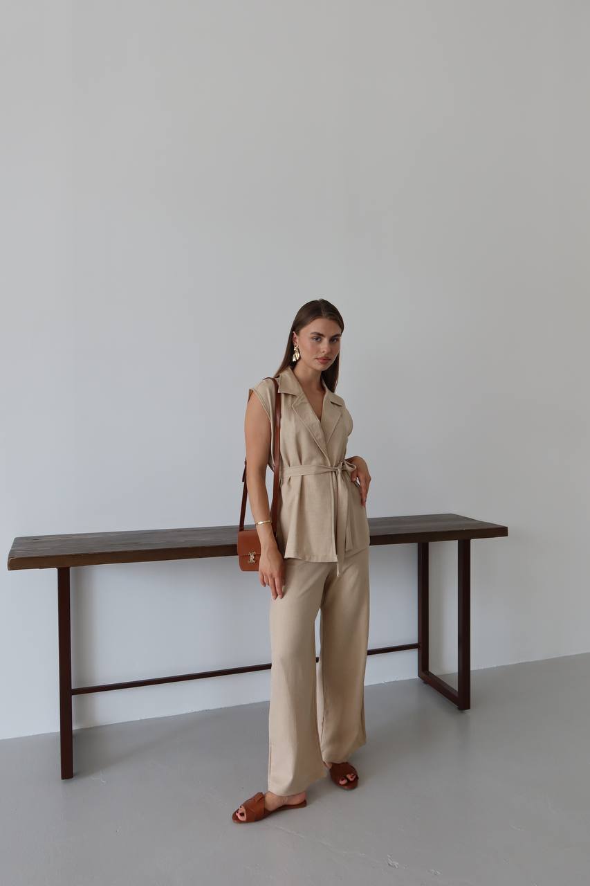 Keten Kuşaklı Blazer Yelek ve Yüksek Bel Bol Paça Pantolon Takım
