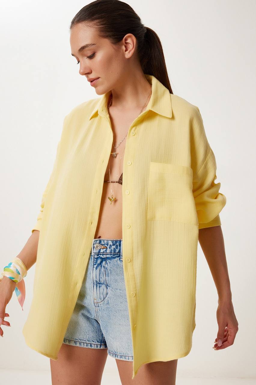 Uzun Kollu Oversize Müslin Kumaş Gömlek