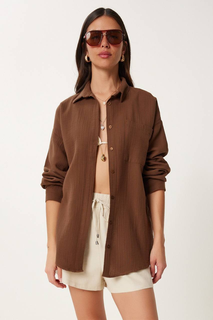 Uzun Kollu Oversize Müslin Kumaş Gömlek