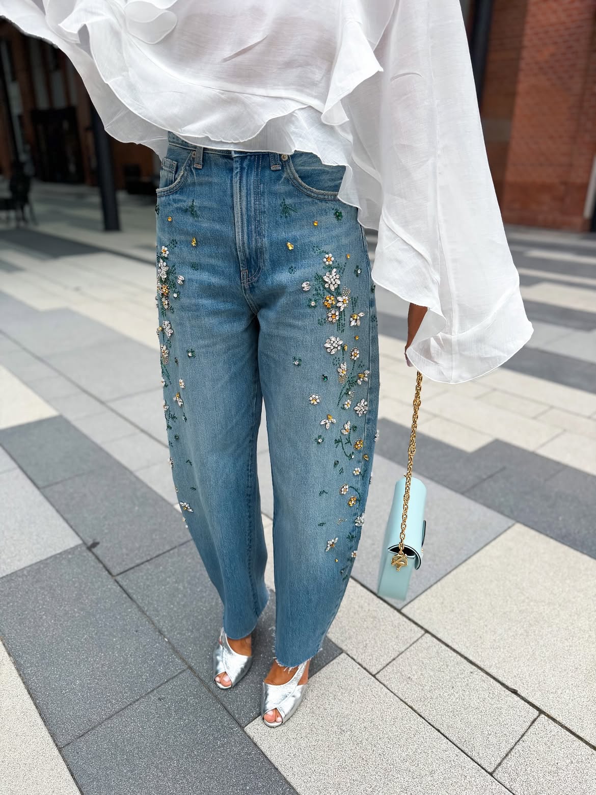 Kadın Mavi Yüksek Bel Taş ve Çiçek İşlemeli Wide Leg Jean Pantolon