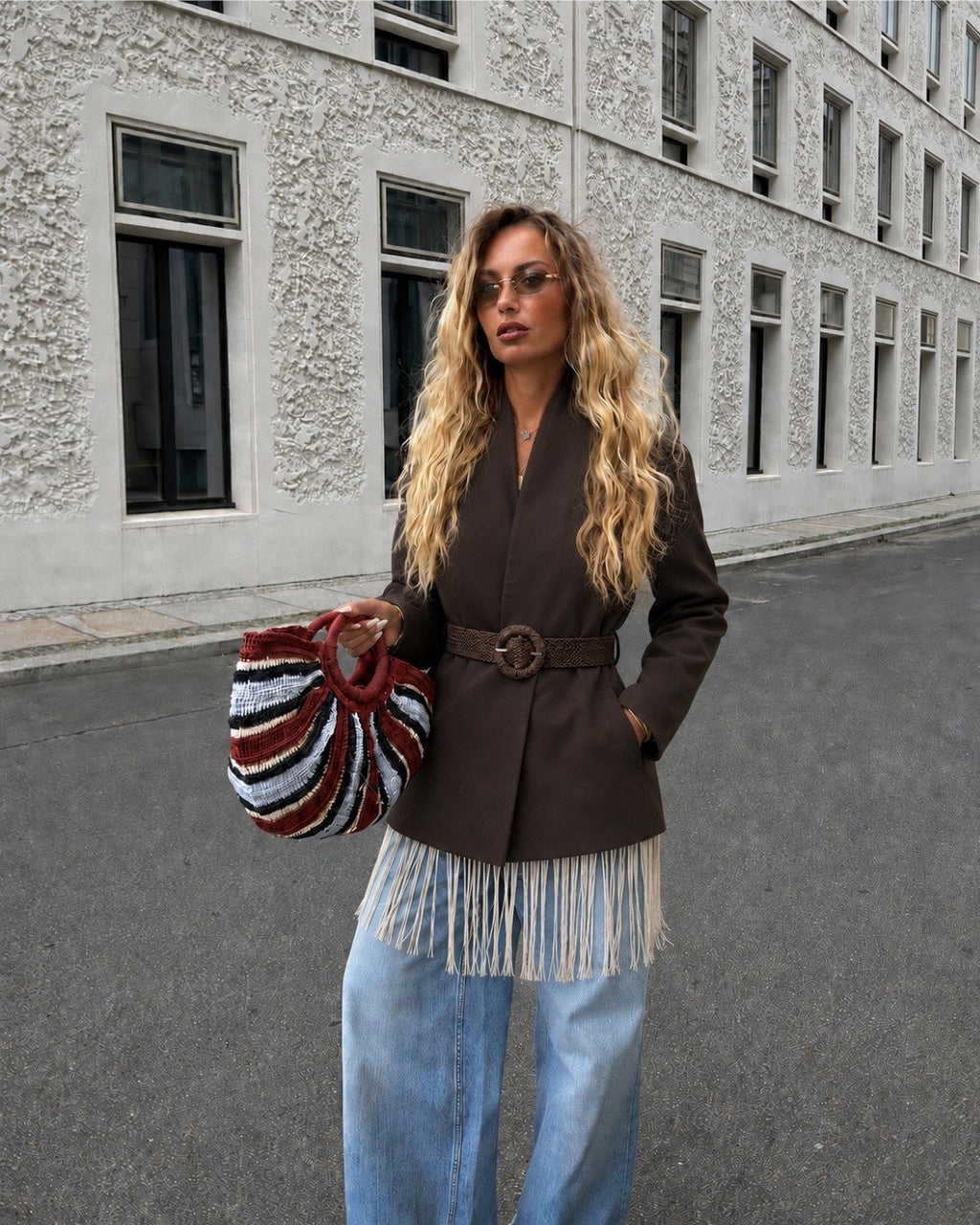 Kadın Ekru Hasır Kemerli Dik Yaka Keten Blazer Ceket