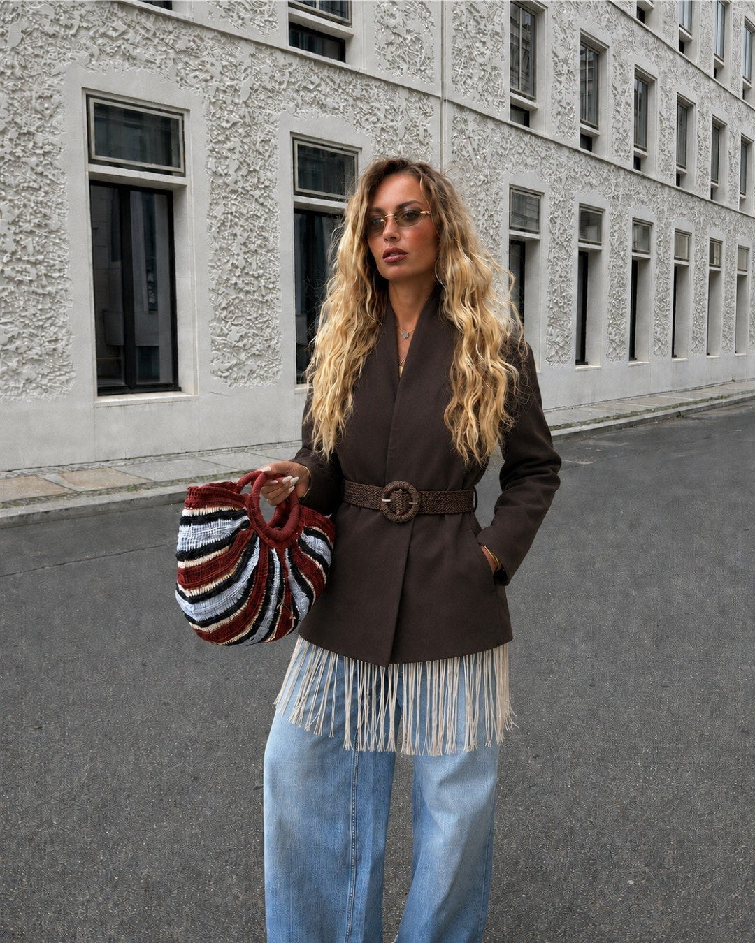 Kadın Ekru Hasır Kemerli Dik Yaka Keten Blazer Ceket