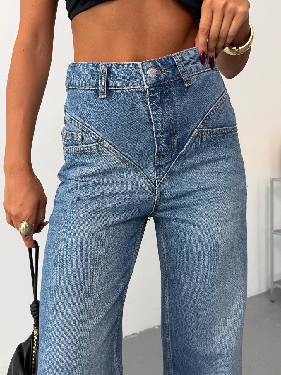 Kadın V Kesim Bel Detaylı  Yüksek Bel Wide Leg Jean Pantolon