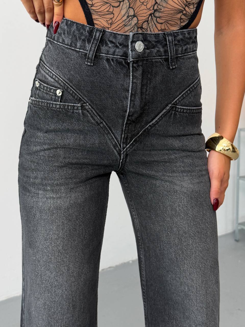 Kadın V Kesim Bel Detaylı  Yüksek Bel Wide Leg Jean Pantolon