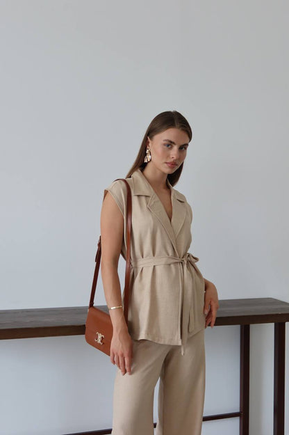 Keten Kuşaklı Blazer Yelek ve Yüksek Bel Bol Paça Pantolon Takım