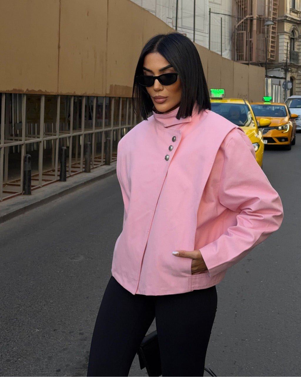 Kadın Pudra Pembe Hakim Yaka Asimetrik Düğmeli Oversize Ceket