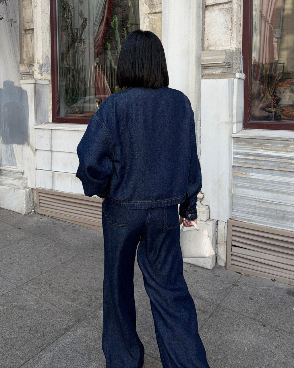 Kadın İndigo Mavi Utility Denim Takım - Fermuarlı Ceket Ve Pantolon İkili Takım