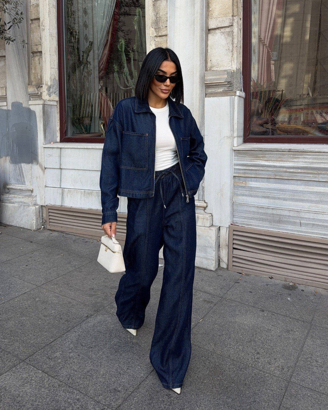 Kadın İndigo Mavi Utility Denim Takım - Fermuarlı Ceket Ve Pantolon İkili Takım