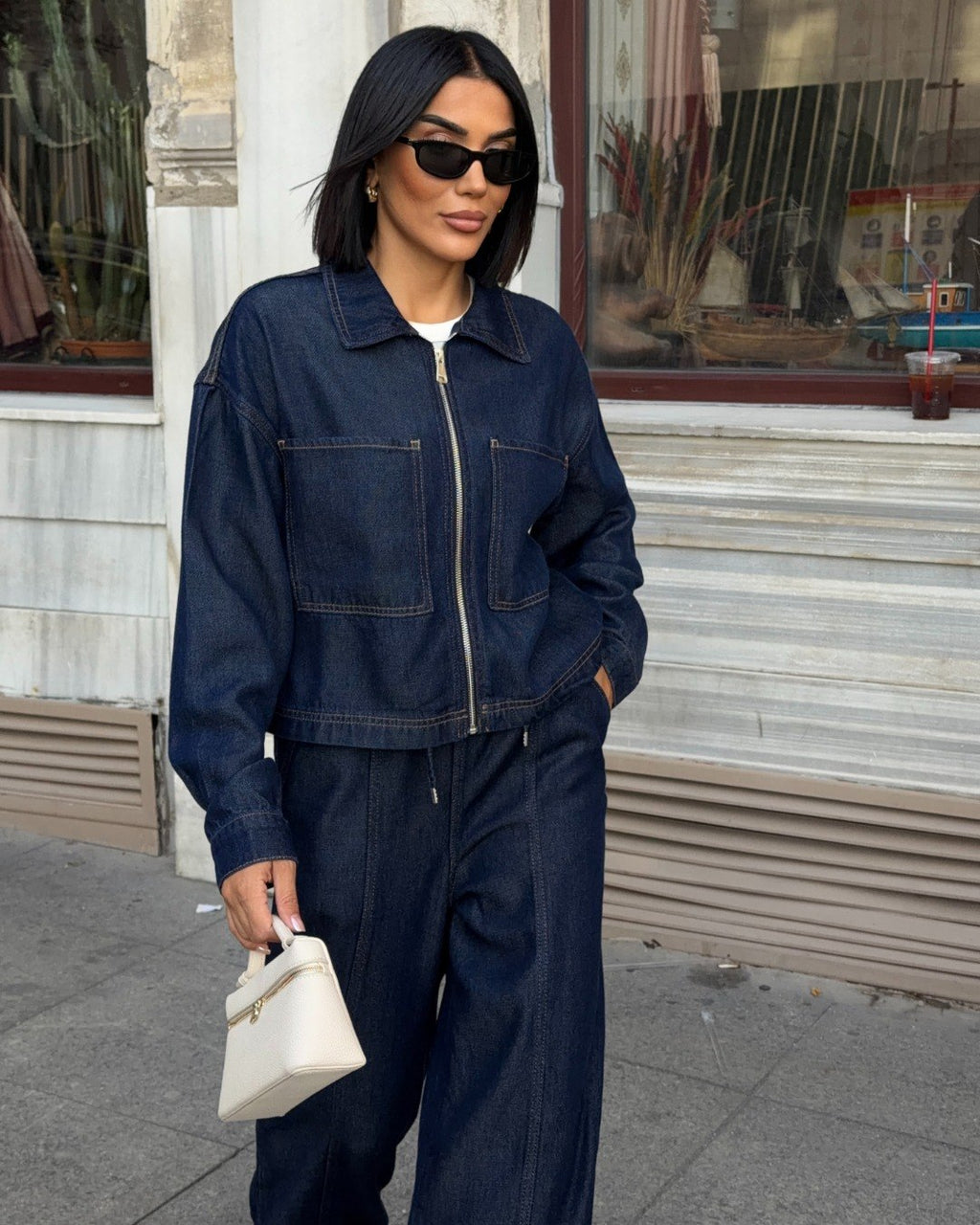 Kadın İndigo Mavi Utility Denim Takım - Fermuarlı Ceket Ve Pantolon İkili Takım