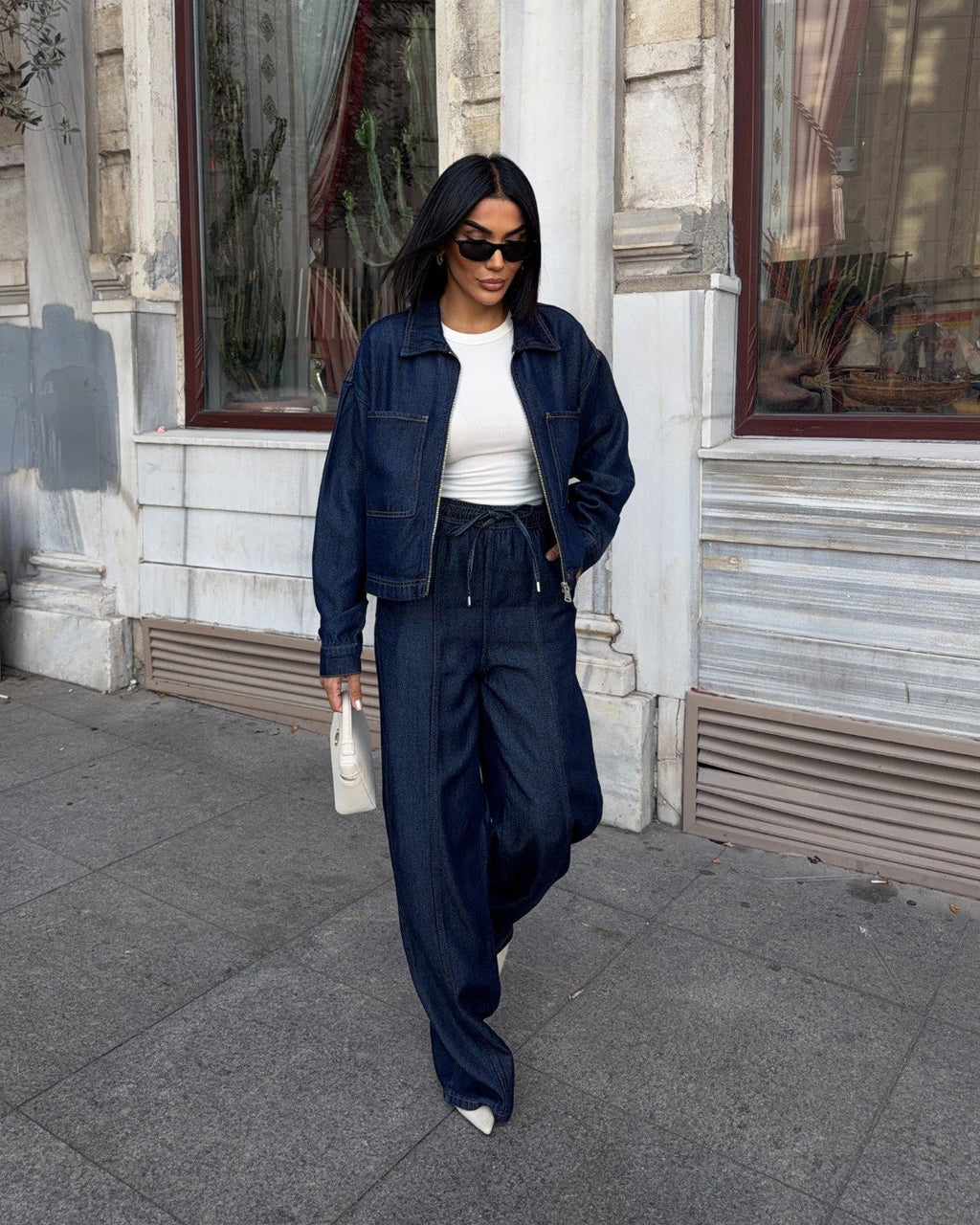 Kadın İndigo Mavi Utility Denim Takım - Fermuarlı Ceket Ve Pantolon İkili Takım