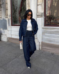 Kadın İndigo Mavi Utility Denim Takım - Fermuarlı Ceket Ve Pantolon İkili Takım