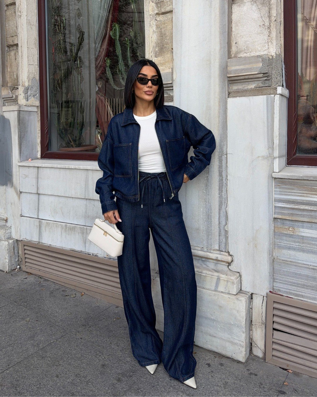 Kadın İndigo Mavi Utility Denim Takım - Fermuarlı Ceket Ve Pantolon İkili Takım
