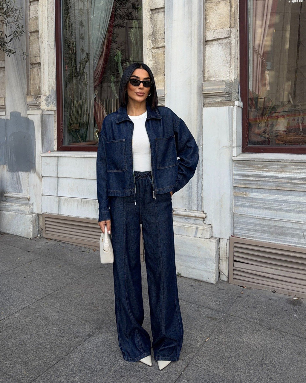 Kadın İndigo Mavi Utility Denim Takım - Fermuarlı Ceket Ve Pantolon İkili Takım
