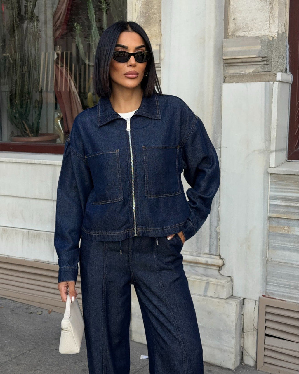 Kadın İndigo Mavi Utility Denim Takım - Fermuarlı Ceket Ve Pantolon İkili Takım