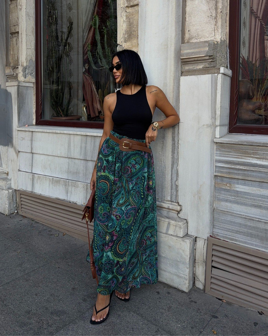 Kadın Zümrüt Yeşili Paisley Desenli Kemerli Maxi Etek (Kemer Dahil)
