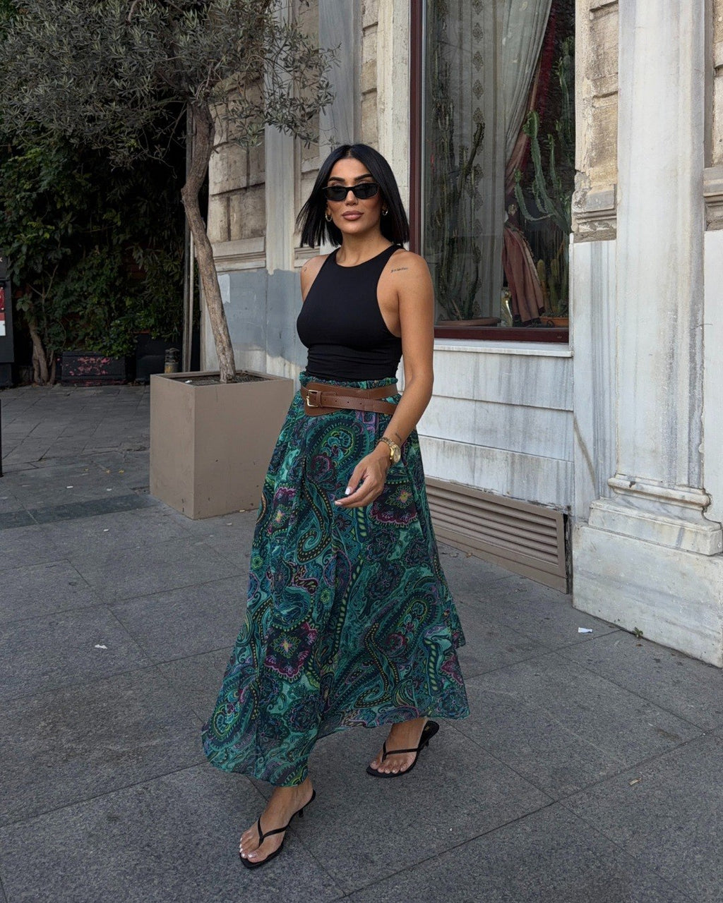 Kadın Zümrüt Yeşili Paisley Desenli Kemerli Maxi Etek (Kemer Dahil)