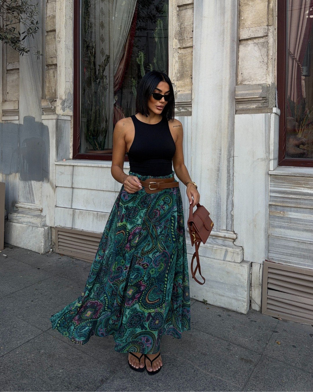 Kadın Zümrüt Yeşili Paisley Desenli Kemerli Maxi Etek (Kemer Dahil)