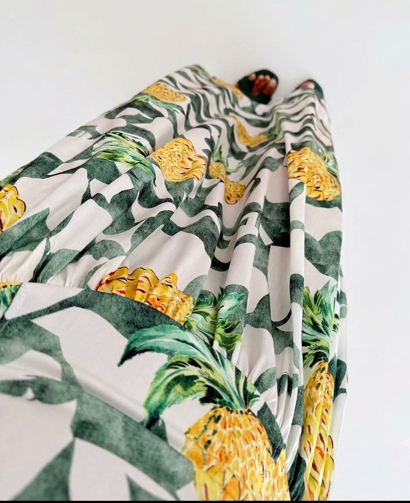 Kadın Yeşil Sarı Ananas Desenli Kalp Yaka Büstiyerli Elbise