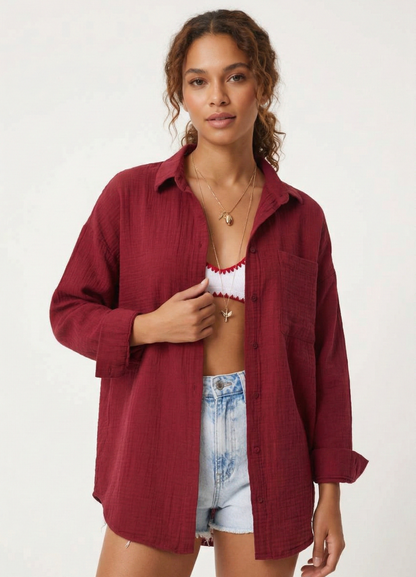 Uzun Kollu Oversize Müslin Kumaş Gömlek